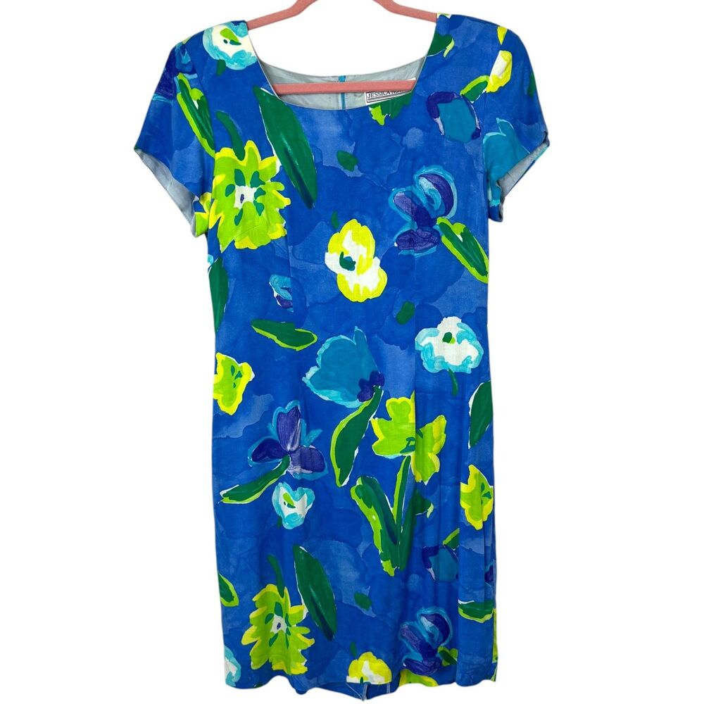 Jessica Howard Vintage Blue with blue, green & yellow flower sheath Dress Size 8